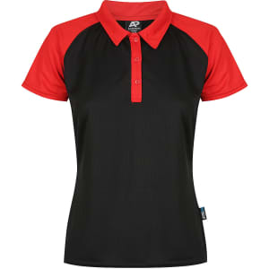 A polo shirt featuring a black body and red sleeves, with a collared neckline and a logo on the design.