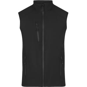 A black work vest with a zip front, featuring side and chest pockets, and a logo on the chest.