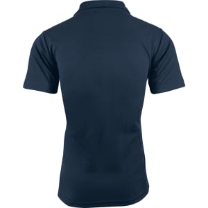 A navy blue polo shirt with a collar and short sleeves, featuring a logo on the back.