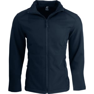 A navy soft shell jacket with a zip closure and pockets, featuring a branded logo.