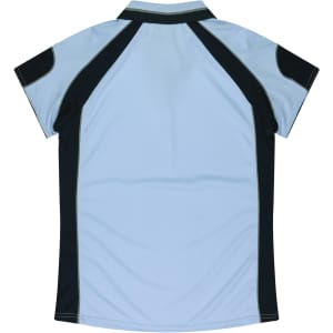 A light blue polo shirt with dark blue accents and a logo on the back.