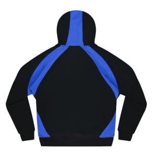 A men's hoodie featuring a black body with blue panel accents and a hood, showcasing a large back view.