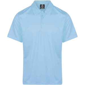 A light blue polo shirt with a collar and three buttons, featuring a logo on the tag.