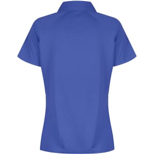 A blue polo shirt with a collar and short sleeves, featuring a logo at the back.