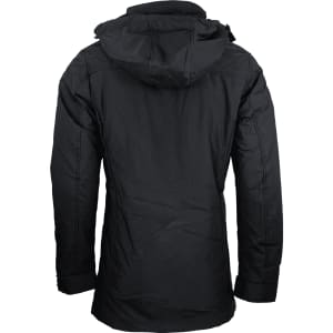 A black men's jacket featuring a hood and a zip-up design, with a logo on the back.