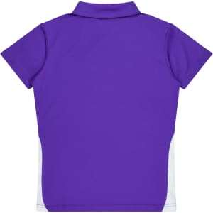 A purple polo shirt featuring a plain design and a side panel in white. It has a collar and short sleeves.