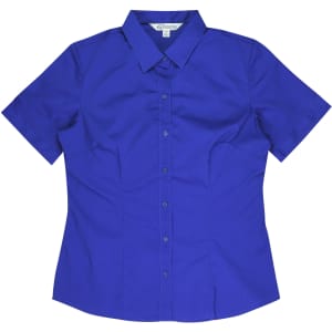 A blue short-sleeve button-up shirt featuring a collar and a branded label.