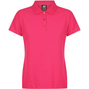A pink polo shirt with a collar and three buttons, featuring a logo on the label.