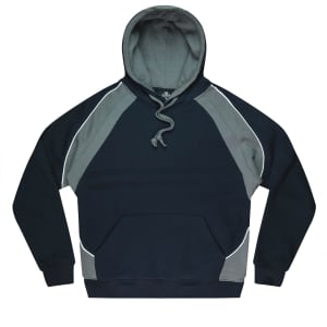 A hooded jumper featuring a dark navy body with grey panels and a front pocket. The hoodie has a logo.