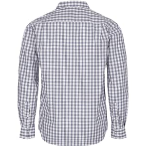 A long-sleeve button-up men's shirt featuring a navy and white checked pattern, with a rear view design.