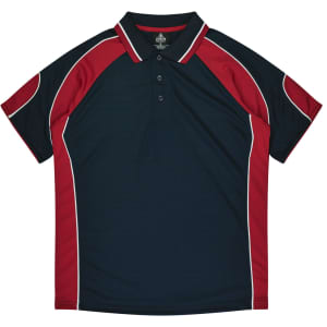 A navy and red polo shirt featuring raglan sleeves and a three-button placket, with a branding logo.