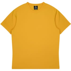 A vibrant yellow children's T-shirt with a simple design and a branding label inside.