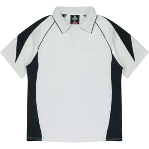 A polo shirt in white with black accents and a logo on the collar. Suitable for casual or sports wear.