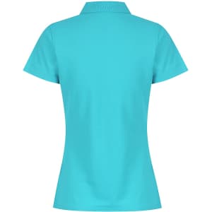 A turquoise polo shirt with a classic collar and short sleeves, featuring a logo.
