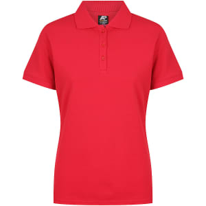 A red polo shirt with a collar and button placket, featuring a logo on the label.