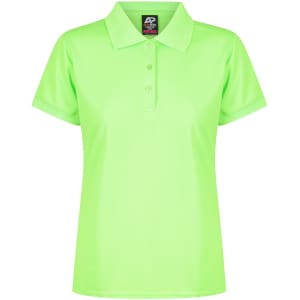 A bright lime green polo shirt with a classic collar and a small logo on the neckline.