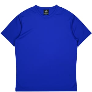 A blue t-shirt with short sleeves and a round neck, featuring a tag inside with a logo.