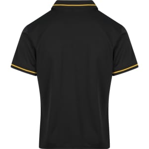 A black polo shirt with yellow accents and a collar, featuring a logo on the back.