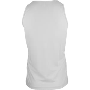 A white men’s singlet featuring a plain design and a logo on the back.