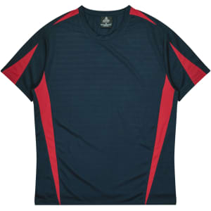 A T-shirt featuring a dark blue body with red accents on the sides and a logo on the neckline.
