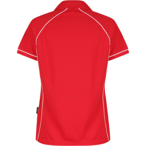 A red polo shirt with white piping, featuring a logo. The design includes a traditional collar and short sleeves.