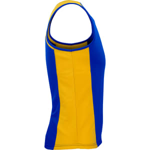 A blue and yellow singlet with a fitted design, featuring a logo on the front.