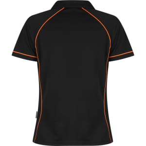 A black polo shirt with orange piping details and a logo on the back.