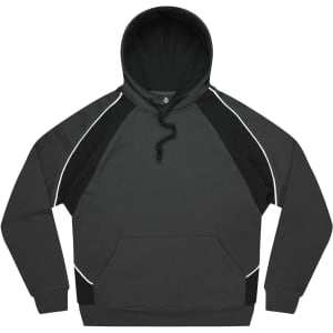 A men's hoodie in dark grey with black accents, featuring a front pocket and a hood. It has a logo.