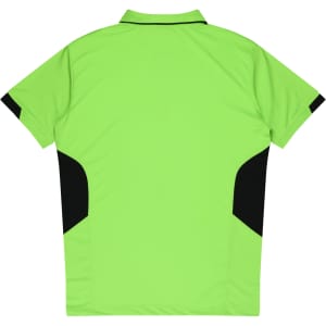 A bright green polo shirt with black accents on the sides and a collar. The design features a logo.