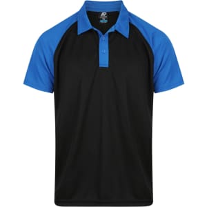 A black and blue polo shirt with short sleeves and a collar, featuring a logo on the left side.