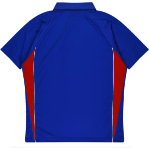 A blue polo shirt with red side panels and a collar. The shirt features a logo on the front.