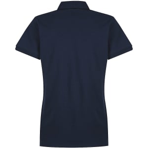 A navy blue women's polo shirt with a collar and short sleeves, featuring a logo on the front.