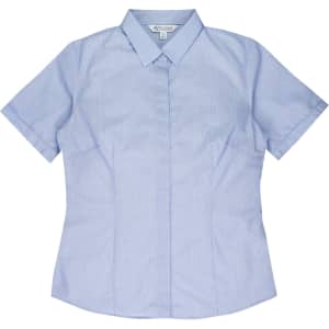 A short-sleeve button-up shirt in light blue with a fitted design, featuring a collar and branding.