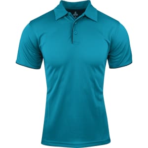 A turquoise men's polo shirt with a collared neck and short sleeves, featuring a logo.