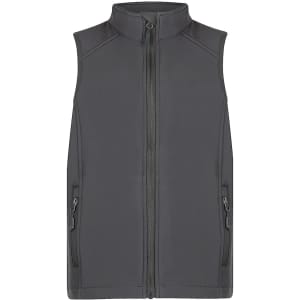 A grey kids' vest with a zip front and two side pockets, featuring a logo on the chest area.