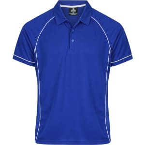A blue polo shirt with contrasting white piping and a logo on the chest. Short sleeves and a classic collar design.