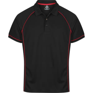 A black polo shirt with red piping and a logo on the chest. Designed for men, featuring a classic collar.