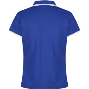 A blue polo shirt with a white collar and trim, featuring a logo on the back.