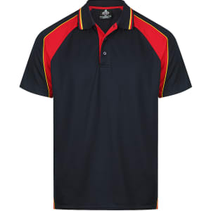 A navy blue polo shirt with red raglan sleeves and yellow accents, featuring a logo on the chest.
