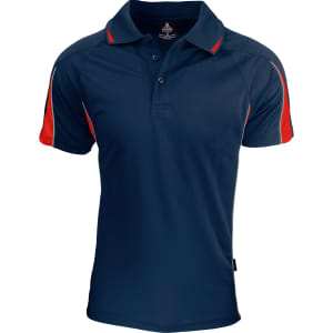 A navy polo shirt with red accents and a logo on the chest. Short sleeves and a classic collar design.