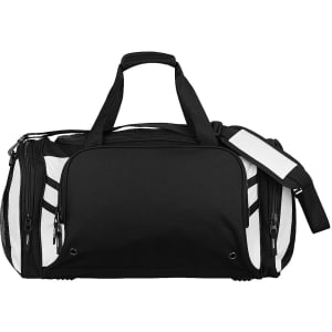 A black and white duffle bag with a shoulder strap and multiple zippered compartments, featuring a logo.