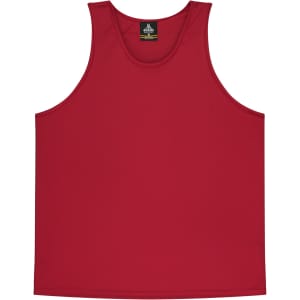 A red singlet featuring a logo, designed for kids. The fabric is smooth and lightweight.