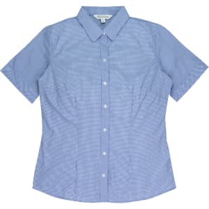 A short-sleeve, button-up shirt featuring a blue gingham pattern. The shirt has a collar and a logo.