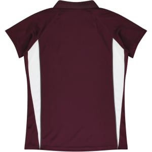 A maroon polo shirt with white side panels and a collar, featuring branding on the back.