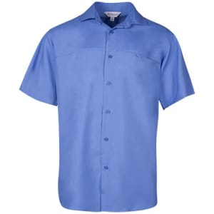 A short-sleeve button-up shirt in a light blue colour with a front pocket and a logo.