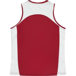 A red and white singlet featuring a back design and a branded logo. Suitable for casual or athletic wear.