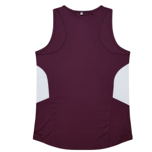 A maroon singlet top with white panel detailing, featuring a logo on the back.