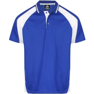 A blue polo shirt with white accents and a logo on the chest, featuring a classic collar and button placket.