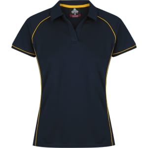 A navy polo shirt with yellow piping and a collar, featuring a logo. Suitable for women's wear.