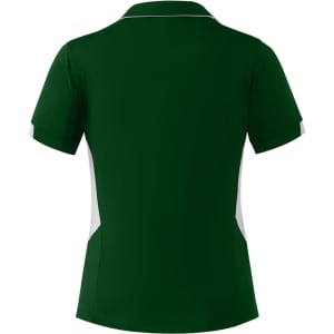 A green polo shirt with white side panels and a collar. The back view features a logo on the upper section.